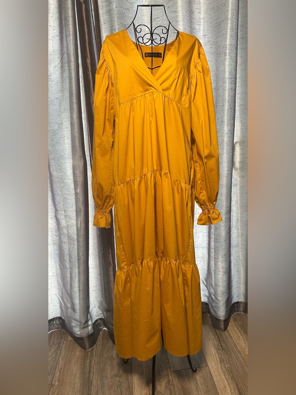 New York & Company Mustard Tiered Long Sleeve Maxi Dress